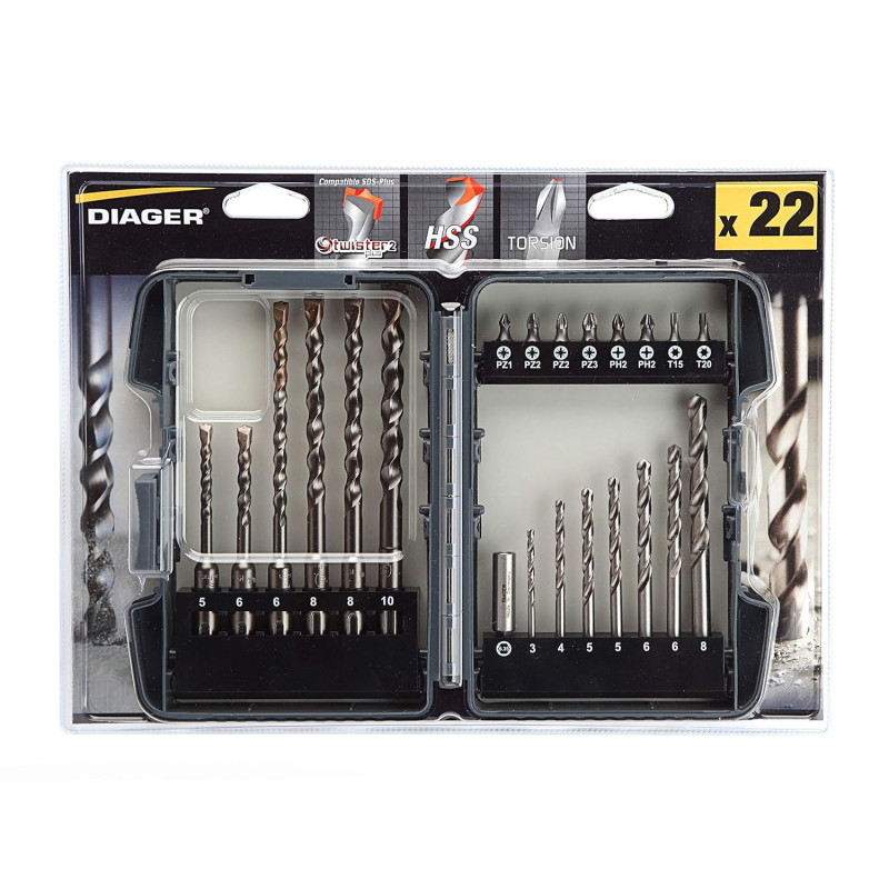 Coffret mixte 22 pi forets twister + HSS + embouts