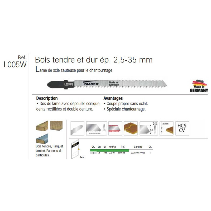 Etui 5 lame scie sauteuse bois LSS 100mm dble dent