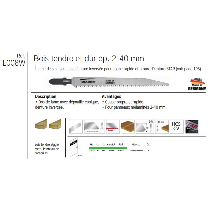 Etui 5 lame scie sauteuse bois LSS 117mm rapide