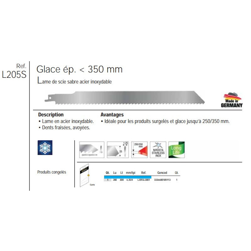 Etui 1 lames scie sabre glace surgele 300mm